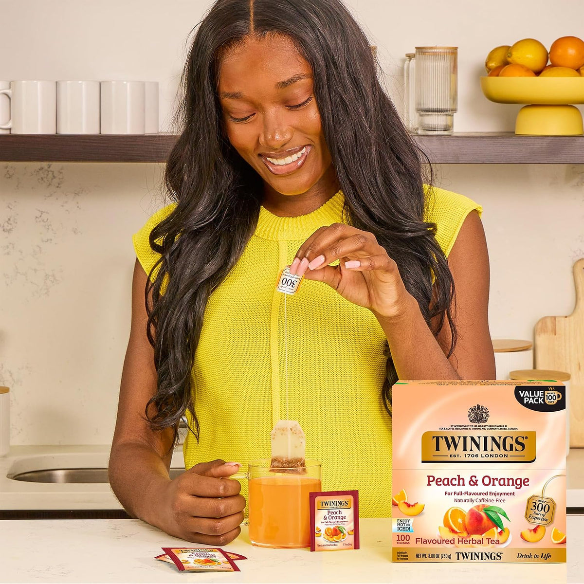 Twinings Peach & Orange Herbal Tea Individually Wrapped Bags, 100 Count (Pack of 1), Juicy & Fruity, Naturally Caffeine-Free, Enjoy Hot or Iced, 100 Teabags