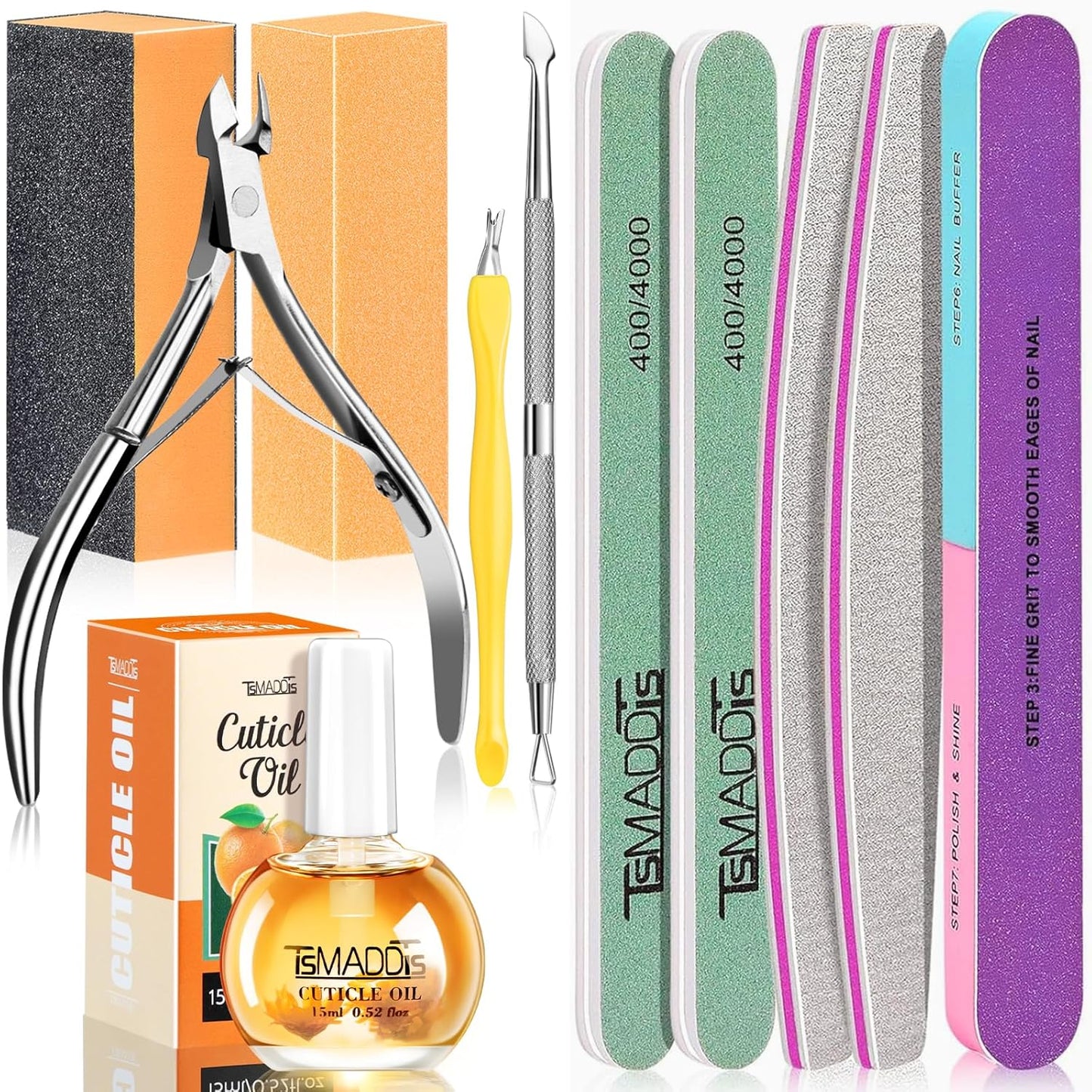 TsMADDTs Manicure Tools Kit Nail Care Kit with 3 pcs Files, 2 pcs Buffer Blocks, 2 Polishing Buffers, Cuticle Nipper, Pusher and Cuticle Oil