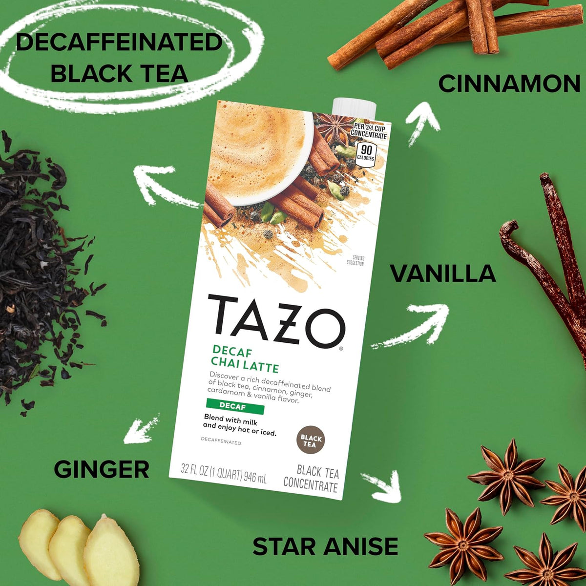 TAZO Decaf Chai Latte, Black Tea Concentrate, Easy-to-Serve Chai Tea for Everyday Lattes, Hot or Iced Tea and Mocktails, 32 oz Tea Mix Carton