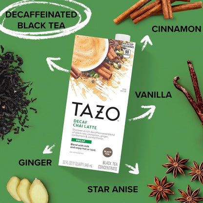 TAZO Decaf Chai Latte, Black Tea Concentrate, Easy-to-Serve Chai Tea for Everyday Lattes, Hot or Iced Tea and Mocktails, 32 oz Tea Mix Carton