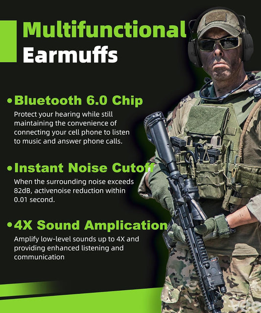ZOHAN 035 Bluetooth 6.0 Shooting Ear Protection Earmuff, Active Noise Canceling, Hearing Protection with Sound Amplification (Green Bluetooth)