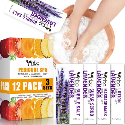 Pedicure Kit Foot Soak Set: Bubble Salt, Sugar Scrub, Massage Mask, Massage Lotion in a Box, 4 Step Foot Spa Kit for Dry Feet, Softens Calluses, Tired Feet（ Lavender) - Colors B