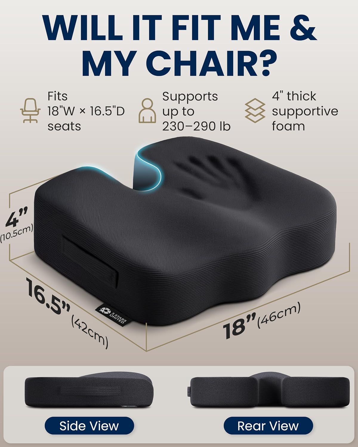 5 STARS UNITED Seat Cushion - Memory Foam Chair Cushion for Tailbone Pain Relief - Ergonomic Support for Coccyx, Sciatica & Butt - Office, Desk & Gaming Chair, Car Seat, Wheelchair, Black Suede