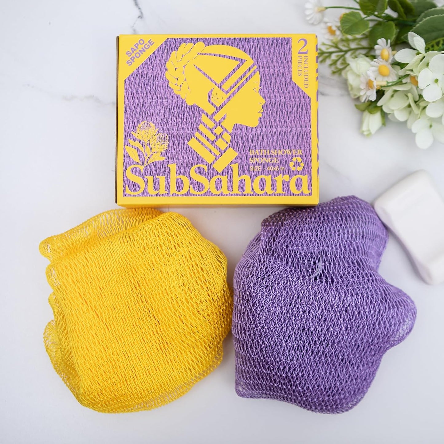 SubSahara Authentic African Net Sponge - 2 Pack Exfoliating Bath & Shower Loofah Sponge for Body & Face, Gentle Scrubber for All Skin Types, Travel, Durable Polyester (Olive Green & Light Green)
