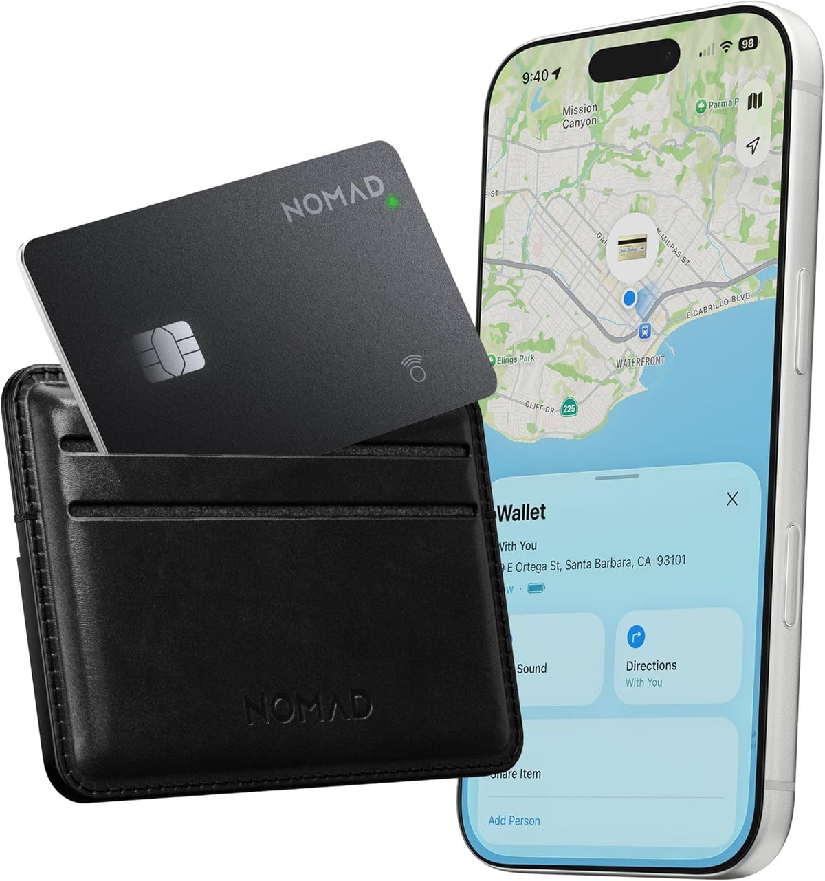 Nomad Tracking Card Carbide, Slim Card Tracker with IPX7 Waterproof and Dust Proof Card Tracker for Wallet & Luggage, 5 Months GPS Tracker Long Battery Life, Rechargeable, Compatible with iOS Only