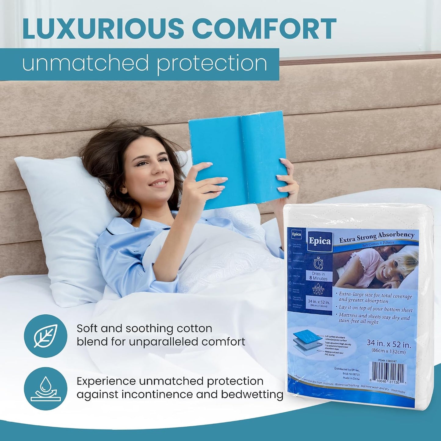 Epica Incontinence Bed Pads Washable Waterproof, 34"x52" (2 Pack), USA Made
