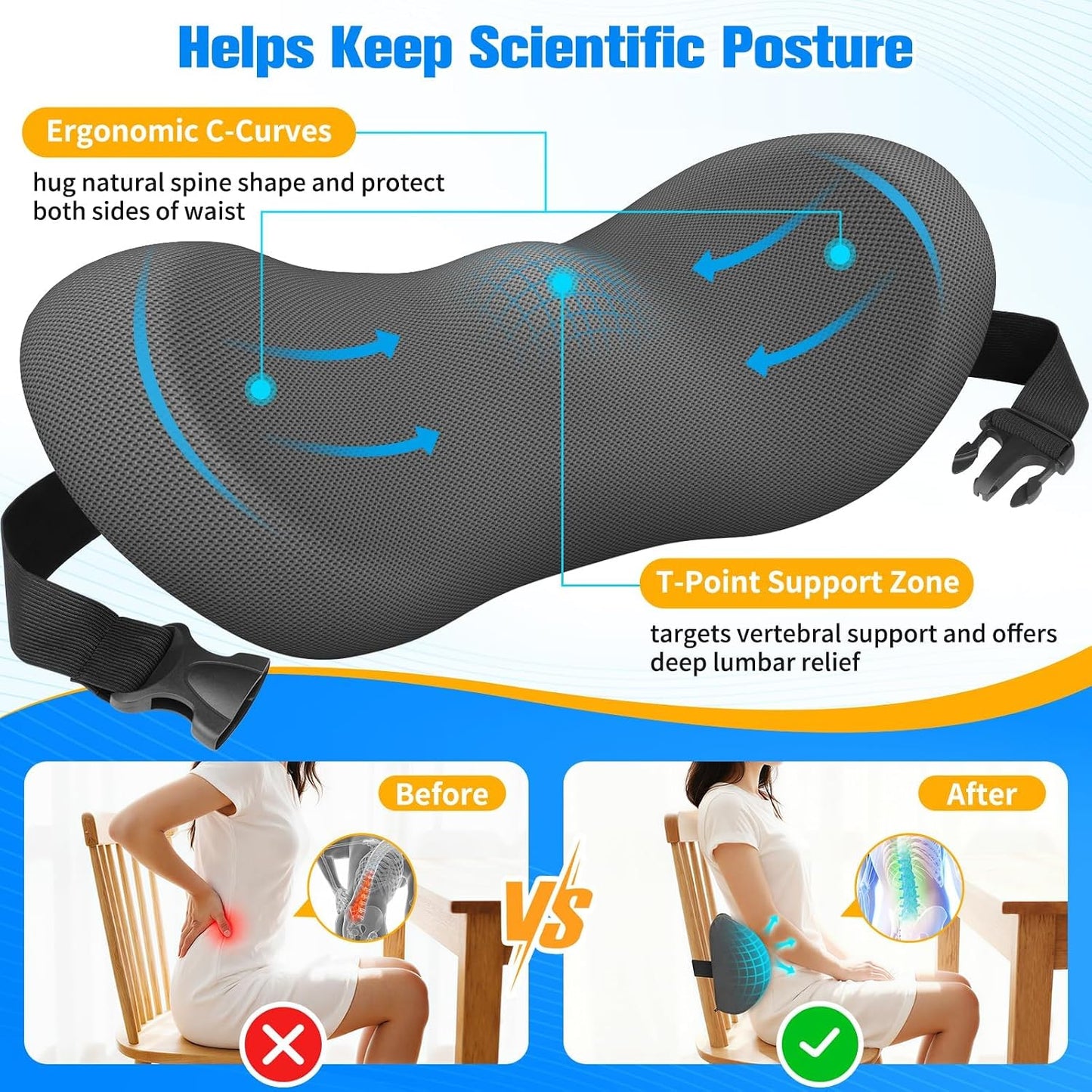 SweetSlubr Lumbar Support Pillow for Office Chair - Memory Foam Lumbar Pillow with Detachable Strap & Breathable Cover, Ergonomic Back Support for Office Chair, Car Seat Cushion, Bed Rest (Black)