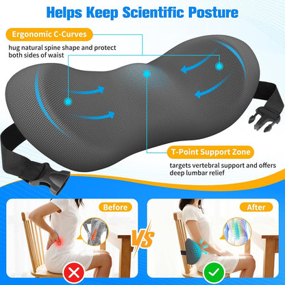 SweetSlubr Lumbar Support Pillow for Office Chair - Memory Foam Lumbar Pillow with Detachable Strap & Breathable Cover, Ergonomic Back Support for Office Chair, Car Seat Cushion, Bed Rest (Black)