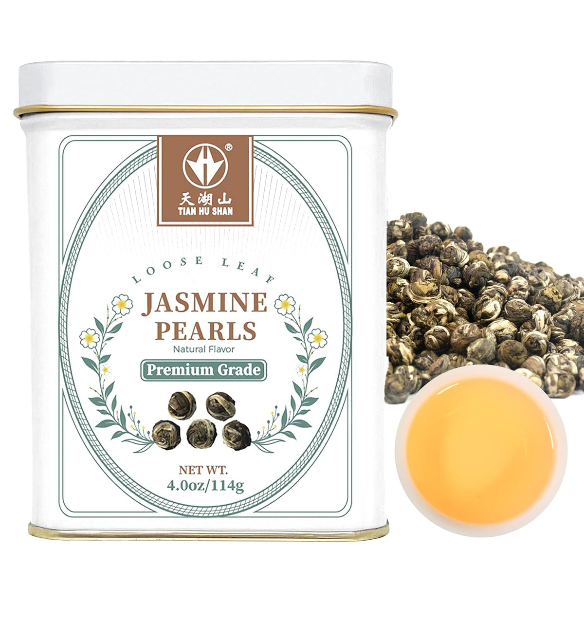 TIAN HU SHAN Jasmine Tea Jasmine Dragon Pearls Green Tea Loose Leaf 4oz (114g) Tin