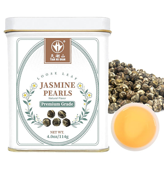 TIAN HU SHAN Jasmine Tea Jasmine Dragon Pearls Green Tea Loose Leaf 4oz (114g) Tin