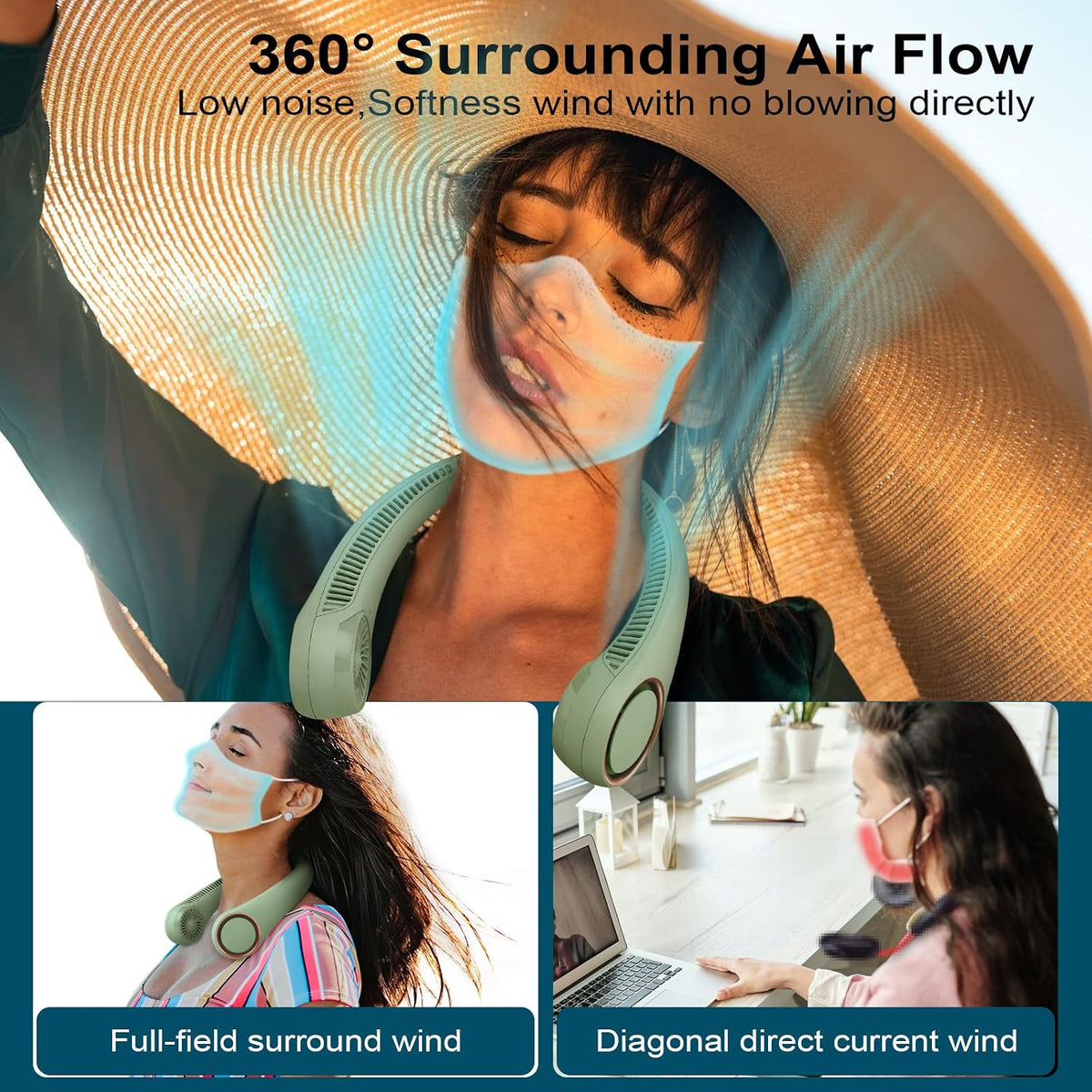 CIVPOWER Neck Fan: Portable Personal Neck Cooling Rechargeable Bladeless Fan - Hands Free 3 Speed 4000 mAh Battery USB Operated Wearable Headphone Design - Gift for Men Women Outdoor (White)