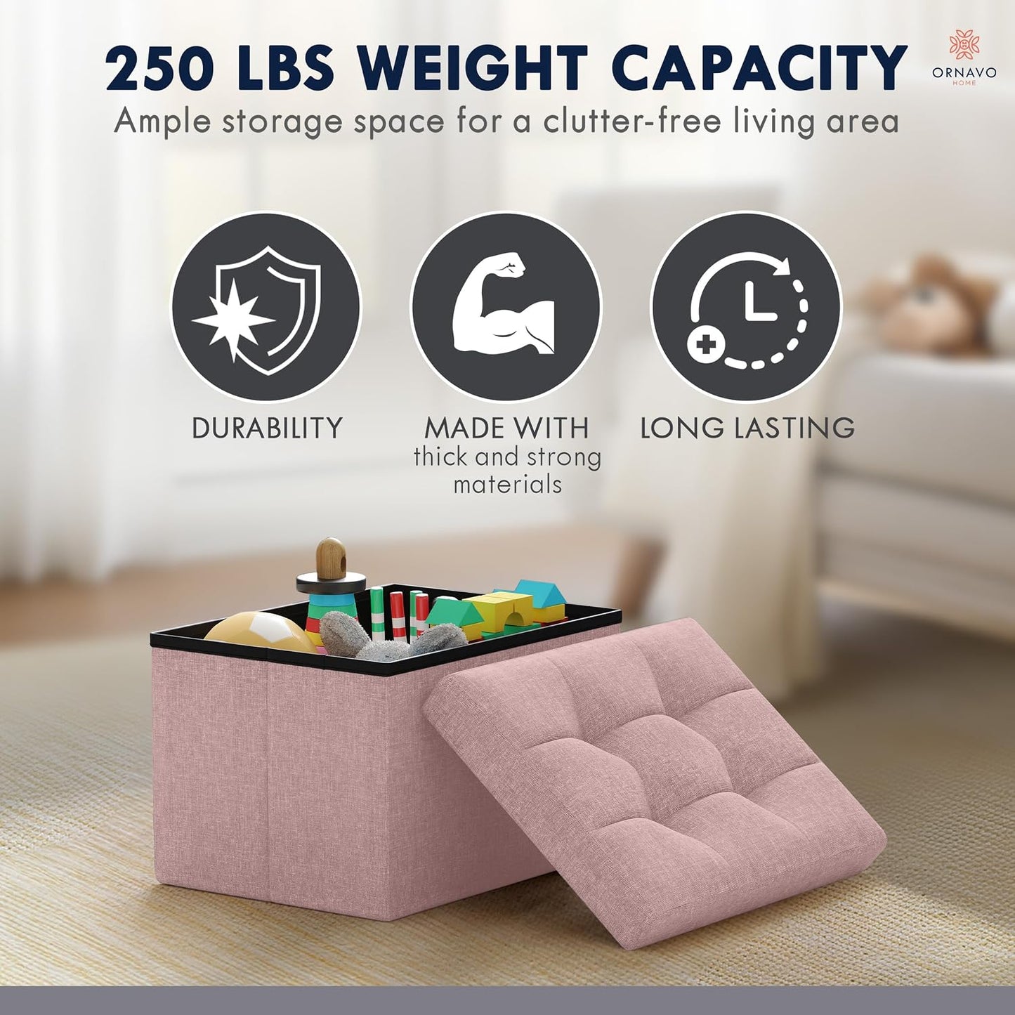 Ornavo Home Small Storage Ottoman Foldable Collapsible Rectangle Linen Ottoman Foot Rest Stool Seat, for Living Room, Bedroom, Home Office, Dorm - 12 x 16 x 12, Black
