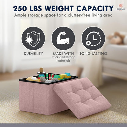 Ornavo Home Small Storage Ottoman Foldable Collapsible Rectangle Linen Ottoman Foot Rest Stool Seat, for Living Room, Bedroom, Home Office, Dorm - 12 x 16 x 12, Black