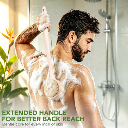 Back Scrubber for Shower, 15.7" Loofah with Handle, Back Shower Brush with Bristles and Loofah, Dry Brushing Body Brush for Cleanse Back and Hard to Reach Areas with Curved Long Handle