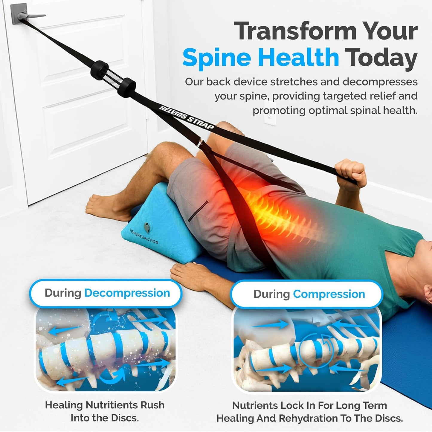 Fisher Traction Lower Back Decompression Device – Lumbar Traction for Spinal Decompression – Patented Stretcher Strap Release for Spinal Rehydration – Lightweight & Portable (Under 230 lbs)