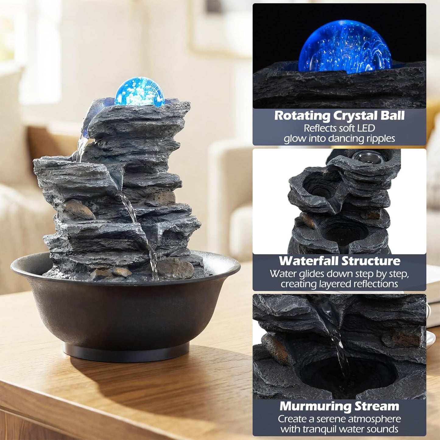 Giantex Tabletop Water Fountain with Rotating Crystal Ball & LED Lights, Tiered Rock Waterfall with Pump, Zen Meditation Desktop Decor for Office, Home Relaxation (Offset Stream)