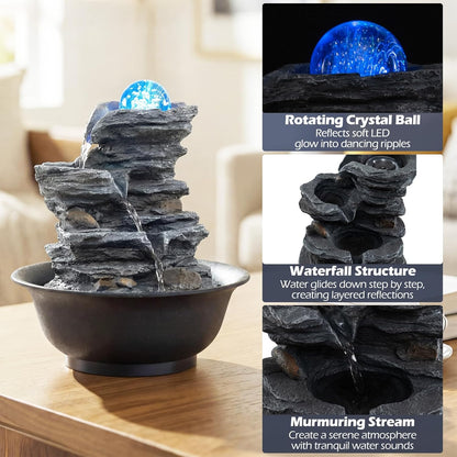 Giantex Tabletop Water Fountain with Rotating Crystal Ball & LED Lights, Tiered Rock Waterfall with Pump, Zen Meditation Desktop Decor for Office, Home Relaxation (Offset Stream)