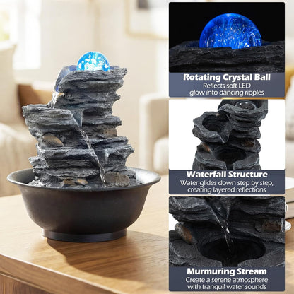 Giantex Tabletop Water Fountain with Warm LED Light, Tiered Rock Waterfall with Pump, Zen Meditation Desktop Decor for Office, Home Relaxation