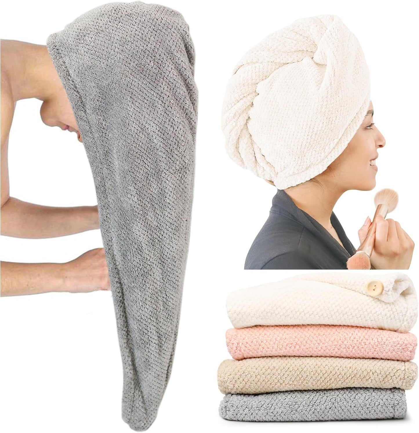 ROLSHOL Extra Large 4 Pack Microfiber Hair Towel Wrap for Women Super Absorbent & Quick Dry Hair Drying Towels with Button, Hair Turbans for Curly Hair Long & Short Hair - Anti-Frizz