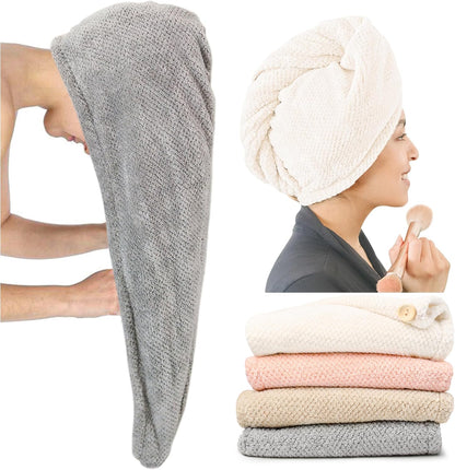 ROLSHOL Extra Large 4 Pack Microfiber Hair Towel Wrap for Women Super Absorbent & Quick Dry Hair Drying Towels with Button, Hair Turbans for Curly Hair Long & Short Hair - Anti-Frizz