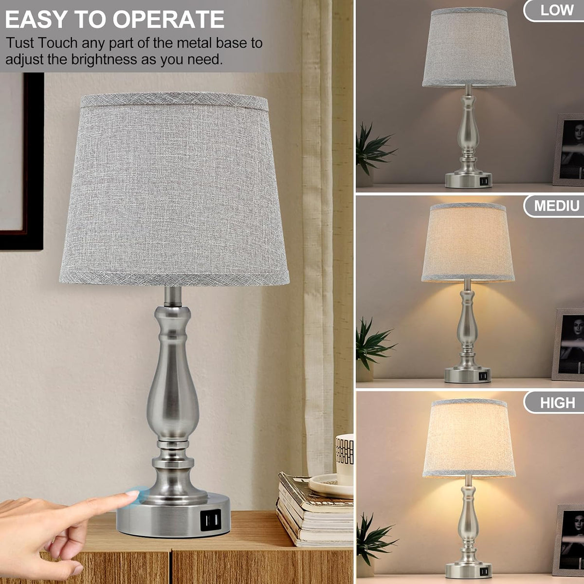EJIAXIN Lamps for Bedrooms Set of 2, Brushed Nickel Bedside Lamps with USB C+A Ports,Dimmable Nightstand Lamps with Fabric Lampshade, Touch Table Lamp for Living Room Bedroom Office, Bulbs Included