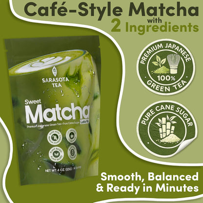 Sweetened Matcha Latte Mix, 4 oz, Matcha Green Tea Powder with Cane Sugar, Hot or Iced Matcha Latte Drink Mix, Resealable Bag