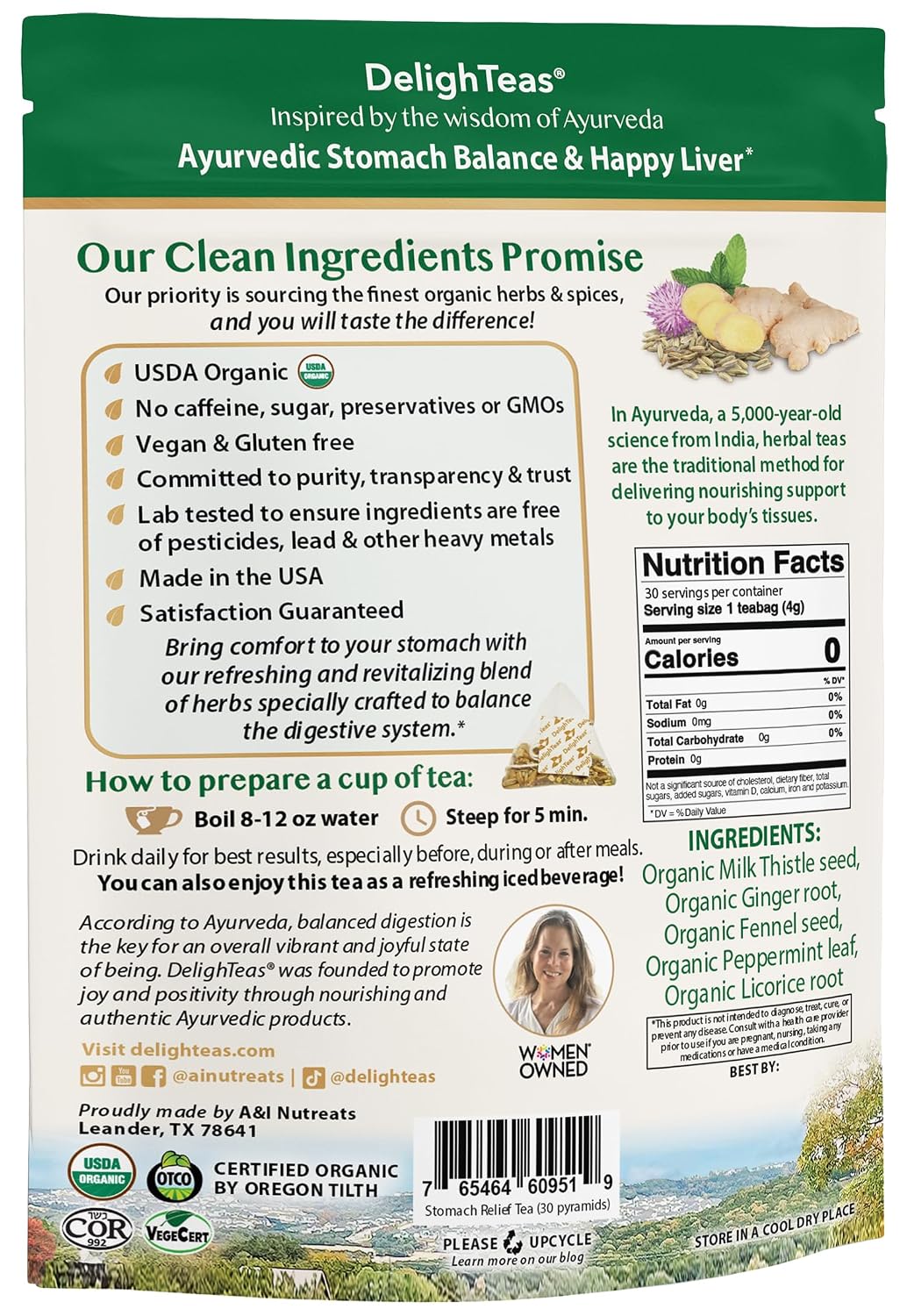 DelighTeas Ayurvedic Herbal Stomach & Liver Tea Bags | Eco-Friendly, Compostable Pyramids | Organic Milk Thistle, Fennel, Ginger, Peppermint & Licorice | Caffeine-Free, Kosher | 30 Tea Bags 4g Each