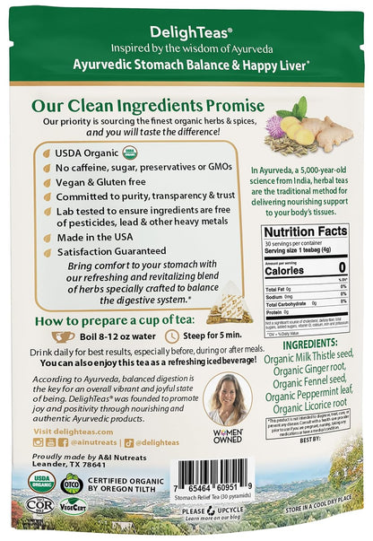 DelighTeas Ayurvedic Herbal Stomach & Liver Tea Bags | Eco-Friendly, Compostable Pyramids | Organic Milk Thistle, Fennel, Ginger, Peppermint & Licorice | Caffeine-Free, Kosher | 30 Tea Bags 4g Each