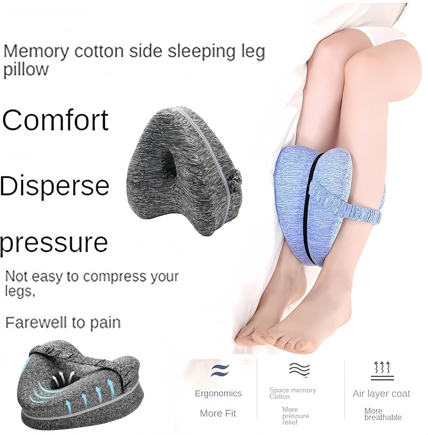 Memory Foam Knee Pillow for Side Sleepers, Hip & Spine Support, Grey | Ergonomic contour, adjustable elastic strap, breathable cover, durable memory foam, versatile for bed, sofa, office, travel