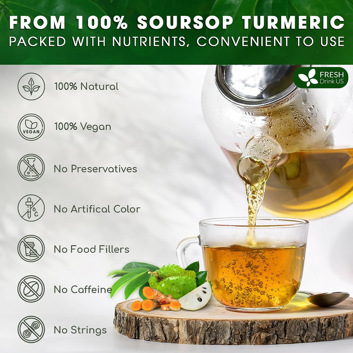 FreshDrinkUS, Premium Soursop Turmeric Tea, 60 Count, Caffeine Free, Vegan