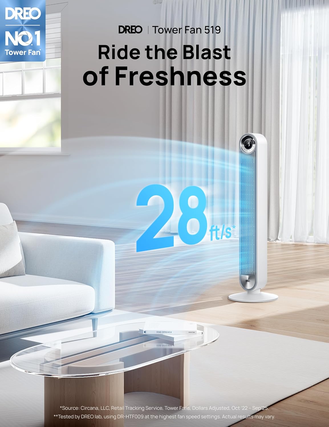 DREO Tower Fan for Bedroom, Upgraded DC 9 Speeds 20dB Ultra-Quiet Floor Fan, 90° Oscillating Fans with 28ft/s Velocity, 12H Timer, Standing Fan, Bladeless Fan Powerful for Home, Black