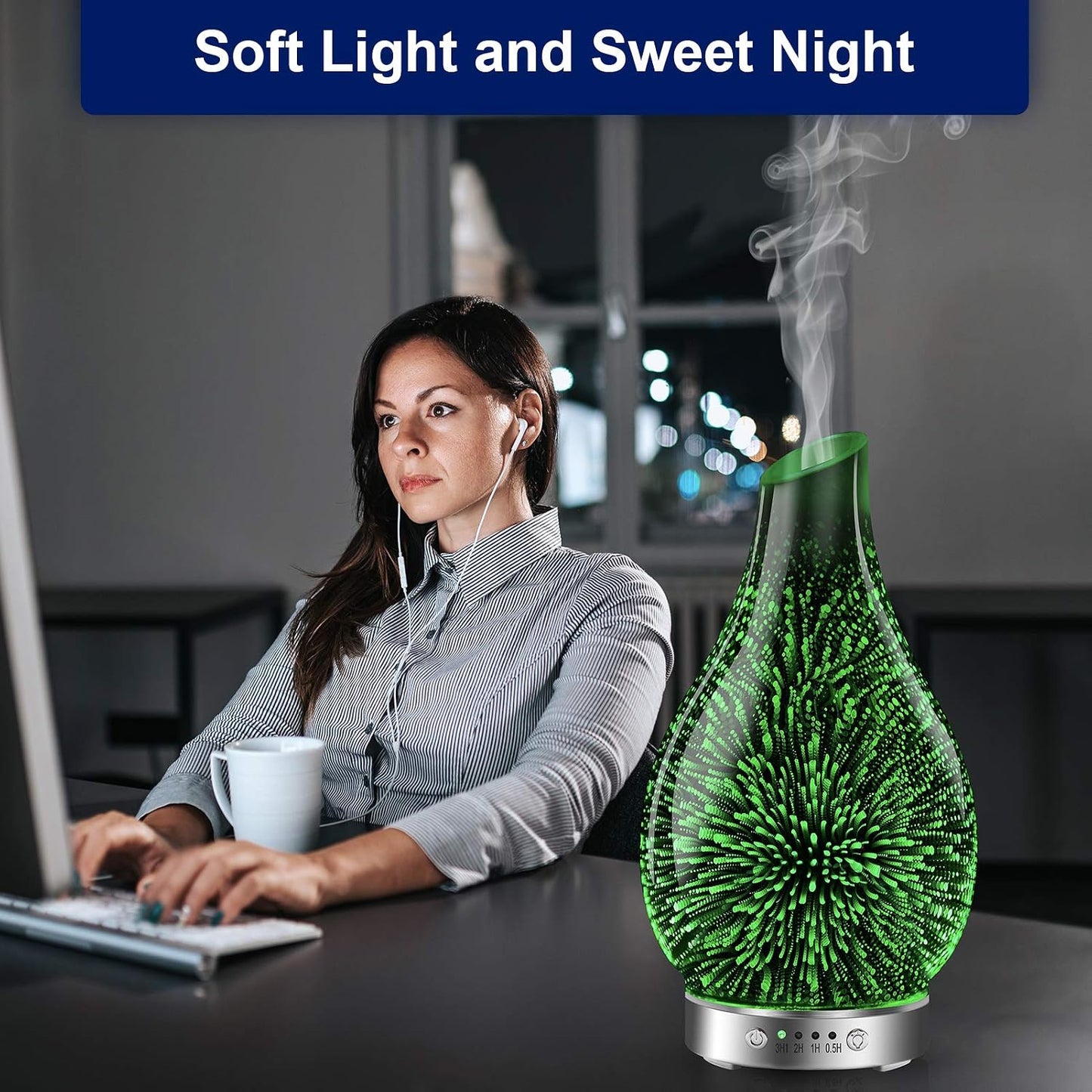MAXWINER Essential Oil Diffusers Ultrasonic 3D Glass Aromatherapy Diffuser, Auto Shut-Off, Timer Setting, 7 Colors LED Lights Changing for Home, Office, Spa 120ml