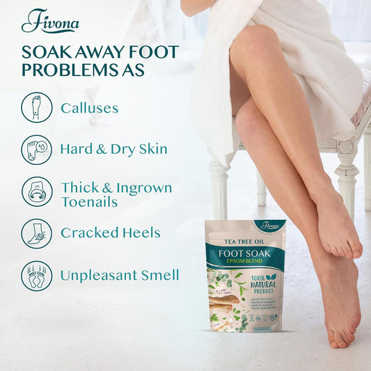 Fivona Tea Tree Foot Soak Blend 14.1 oz - Epsom Salt with Essential Oils for Healthy Toenails, Soothing Relief, Callus Softening - Pedicure Therapy for Soft, Rejuvenated Feet