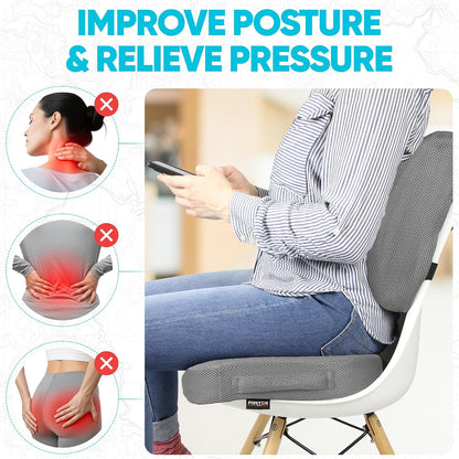 FORTEM Seat Cushion, Office Chair Cushion, Lumbar Support Pillow for Office Chair, Memory Foam Car Seat Cushions, Sciatica Coccyx Tailbone Pain Relief, Cushions for Back Support, Washable, Non Slip