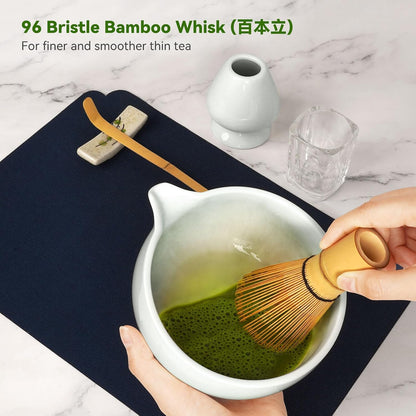 Joiish Matcha Whisk Set, Matcha Kit 10-Pcs, Bamboo Whisk and Ceramic Bowl with Spout & Measuring Spoon & Cup, Japanese Ceremony Matcha Tea Powder Making Tools, Light Green