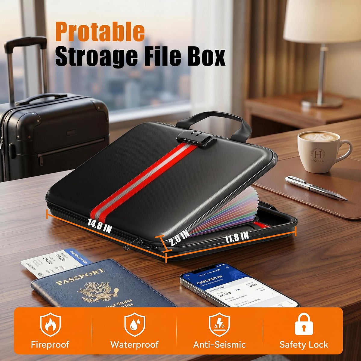 Fireproof Document Organizer with Lock, Semi-Rigid EVA Shell File Box with 13-Pocket Accordion Folder, Water-Resistant Storage for Important Documents, Passports & Certificates