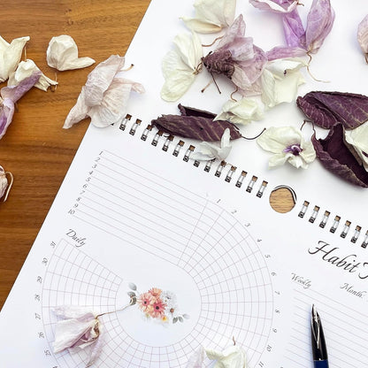 Habit Tracker Calendar (Undated 12 Month) Floral Design, Spiral Bound and Hanger, A4 Size (8,3"x11.7") Quality Heavy Paper, Monthly Habit Tracker Journal and Goal Tracker.