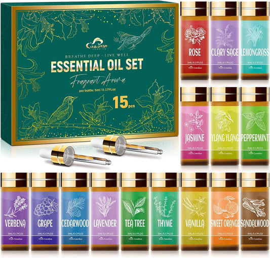 Essential Oil Set, 15 Pcs Fragrance Aromatherapy Oils for Skin, Diffusers, Home Care, Humidifier Laundry, Candle Making - Tea Tree, Sandalwood, Lavender, Vanilla, Peppermint and More(5mL)