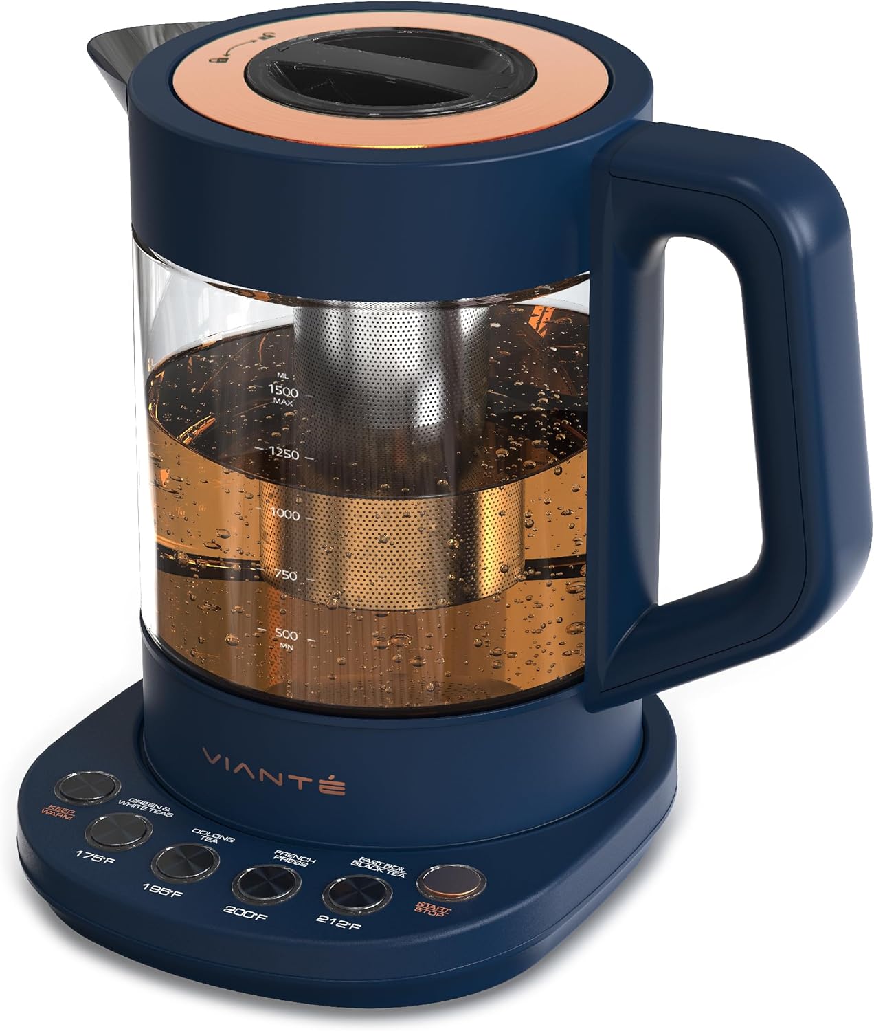 Viante Alba Electric Tea Kettle with Infuser, No Plastic In Contact With Water, 1.5L Borosilicate Glass, 304 Stainless Steel, 4 Temperature Presets, Keep Warm, Cordless, Auto Shut-Off