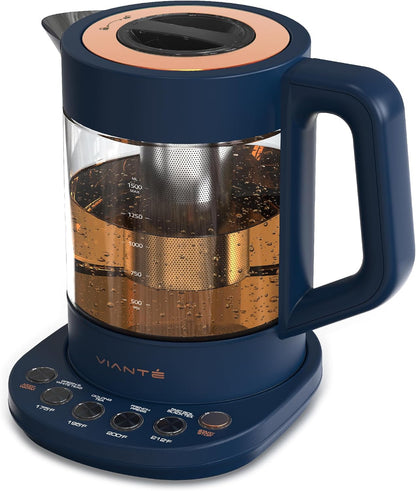 Viante Alba Electric Tea Kettle with Infuser, No Plastic In Contact With Water, 1.5L Borosilicate Glass, 304 Stainless Steel, 4 Temperature Presets, Keep Warm, Cordless, Auto Shut-Off