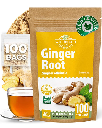 100 Bags Ginger Tea Ginger Root Tea Dry Dried Herb (Zingiber Officinale) - 100 Count 1.5g Bags Raíz De Jengibre