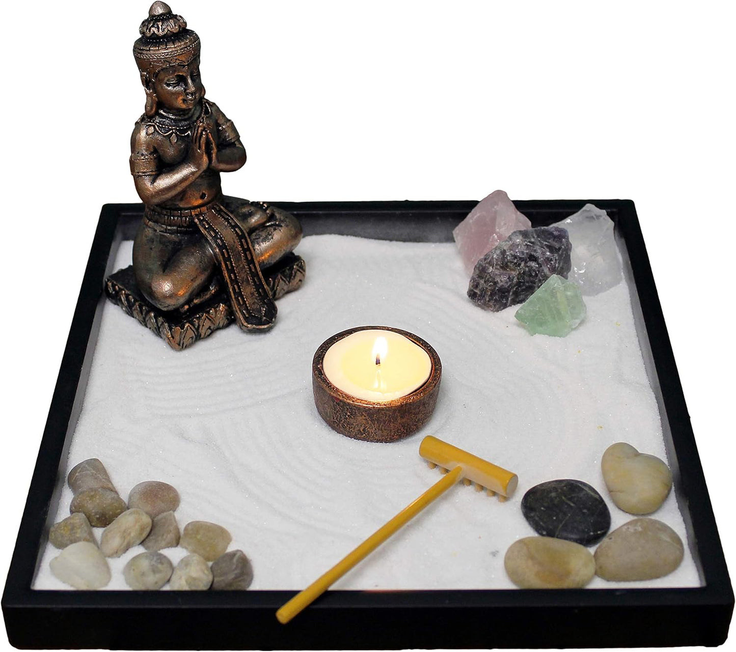 Nature's Mark Mini Zen Garden Kit for Desk with Rake, White Sand, Lotus Figure, 3 Sections Black Square Base, River Rocks and Black Rocks (9Lx9W C)