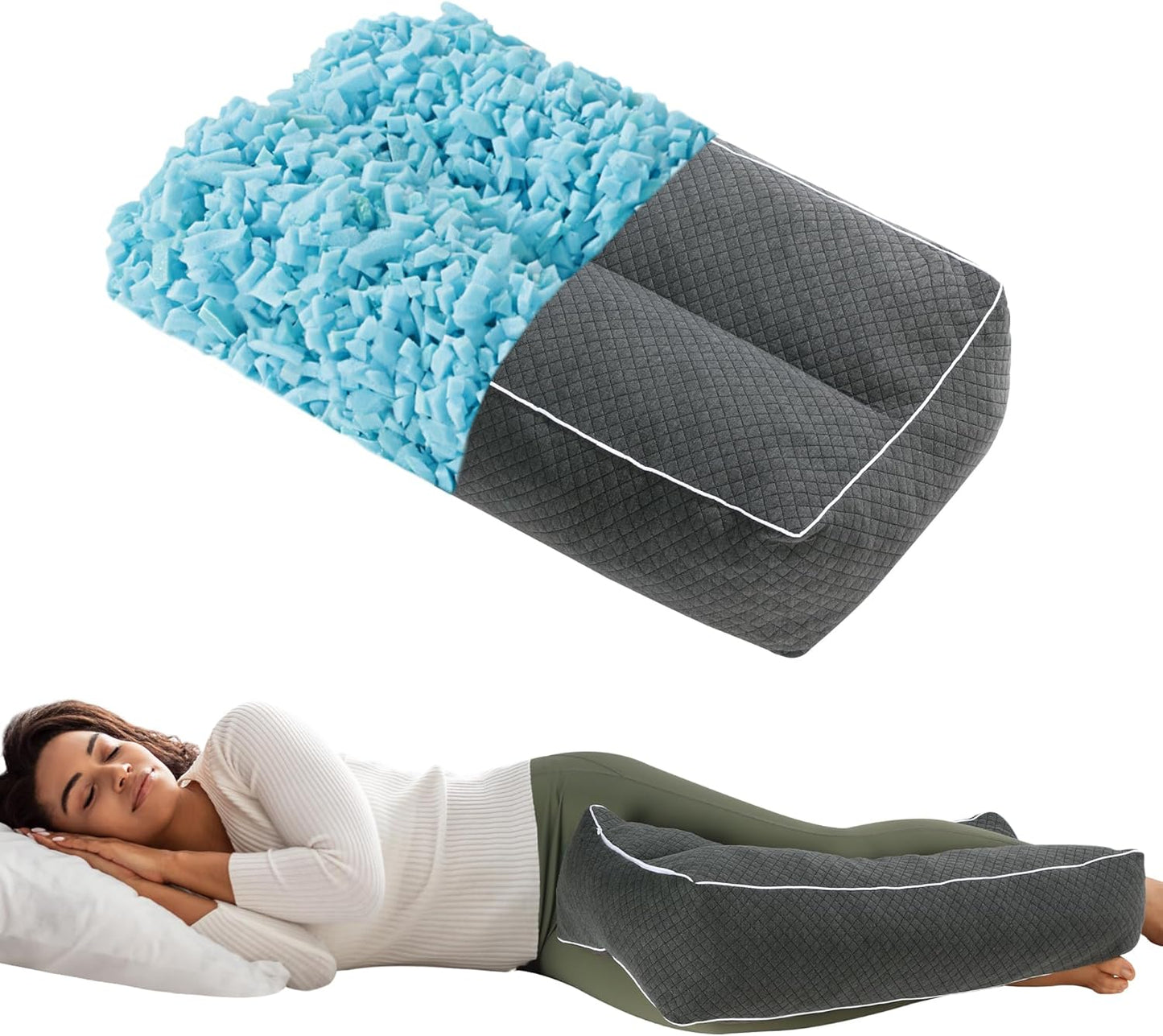 HOMBYS Shredded Memory Foam Knee Pillow for Side Sleepers, 6.5" Height Pillow Between Legs for Aligns Spine & Relieves Pressure Hip & Leg Elevation, Supportive Pillow for Pregnancy, Sciatica, White