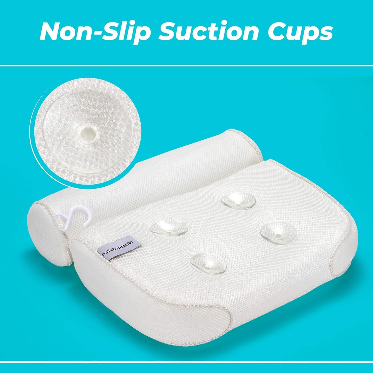 BASIC CONCEPTS Bathtub Pillow for Neck and Back Support with Drying Hook, Bathtub Pillow Machine Headrest for Soaking & Straight Back Tubs - Bath Accessories, Machine Washable, 6 Suction Cups