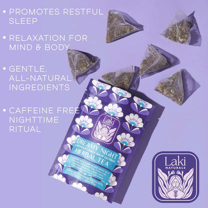 Laki Naturals Dreamy Night Herbal Sleep Tea, Chamomile, Valerian Root (18 Tea Bags)