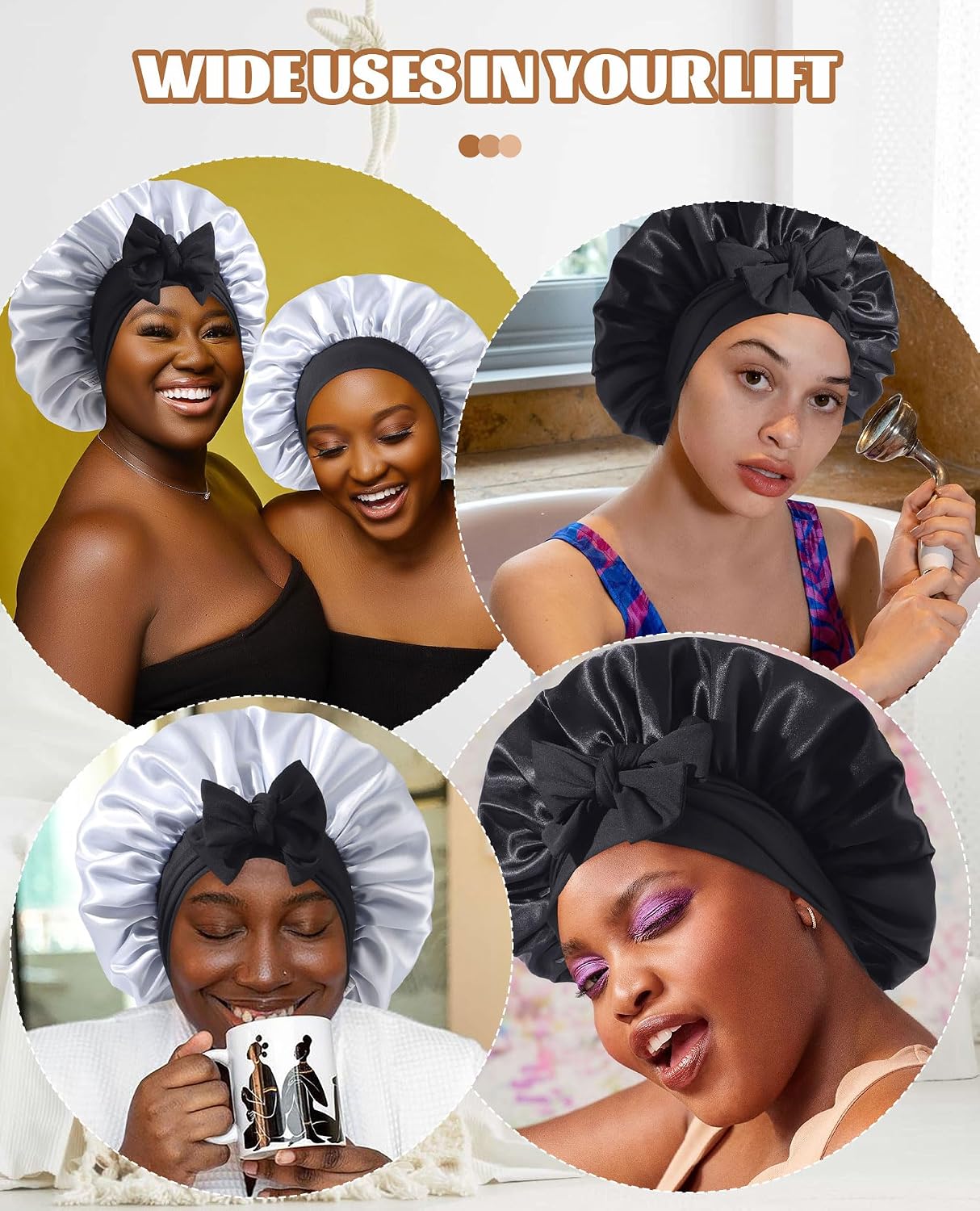 Satin Bonnet for Sleeping Cap Double Layer Hair Bonnet with Elastic Tie Band for Curly Hair Night Cap (Bean Paste + Pink)