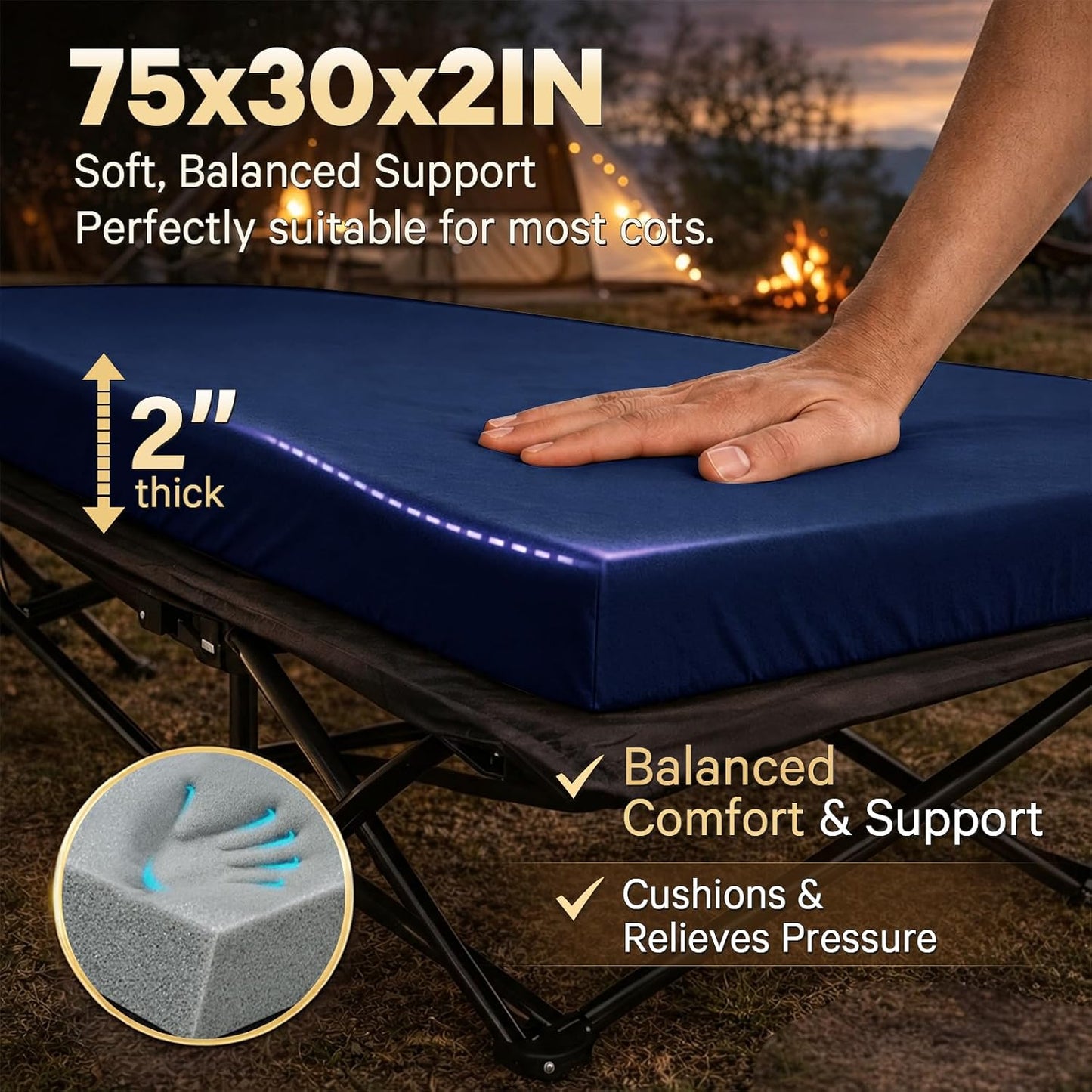 CYMULA Camping Cot Pad 2 Inch Memory Foam, Camping Pad for Folding Cot and Foldable Cot, Portable Roll Up Camp Gear for Car Camping Travel Tent, Non-Slip Waterproof Bottom, Removable Cover, Pad Only