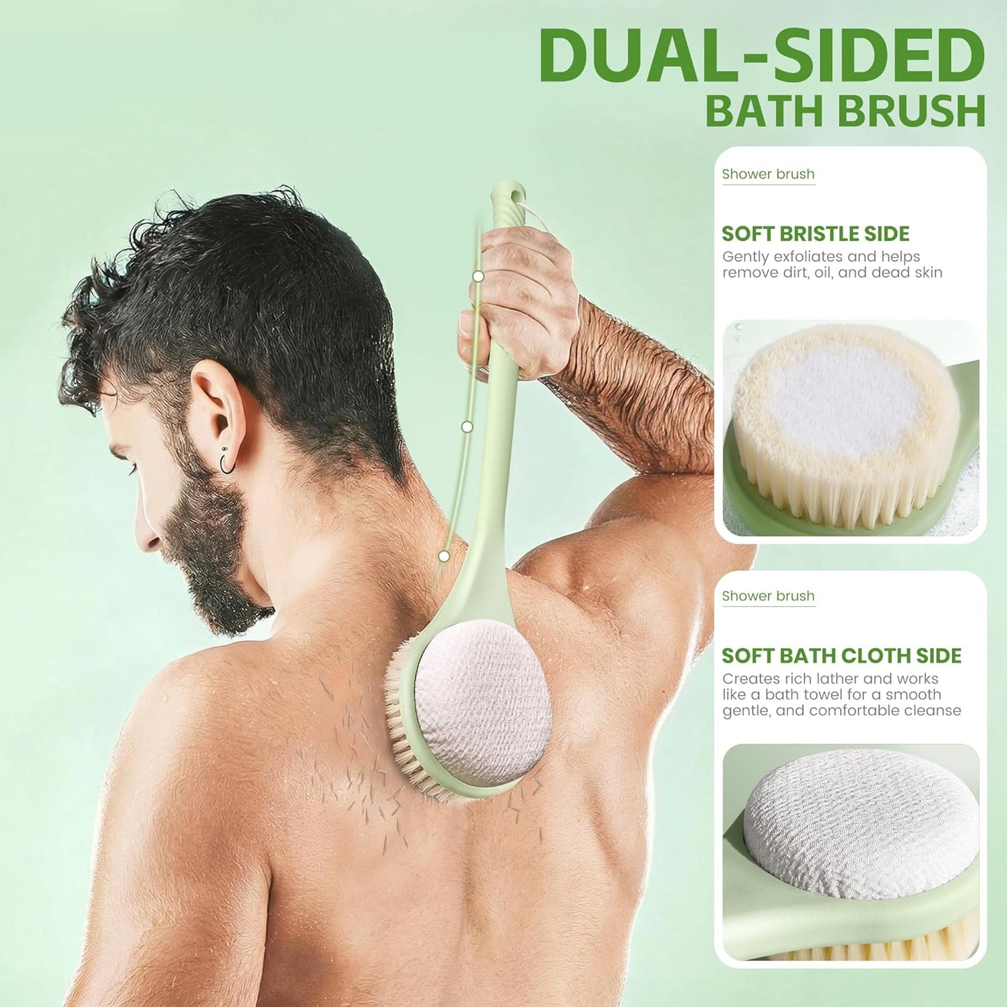 Back Scrubber for Shower, 15.7" Loofah with Handle, Back Shower Brush with Bristles and Loofah, Dry Brushing Body Brush for Cleanse Back and Hard to Reach Areas with Curved Long Handle