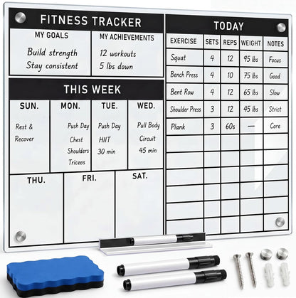 Lincia 24 x 18 Inch Glass Workout Whiteboard for Home Gym, Dry Erase Fitness Planner Board, Weekly Exercise Tracker and Goal Chart, Frameless Wall Mounted Gym Whiteboard with Markers, Eraser and Tray