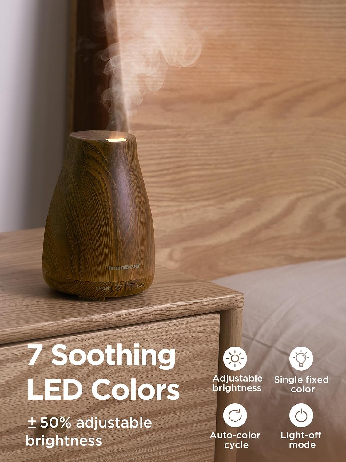 InnoGear Essential Oil Diffuser, Ultrasonic Diffusers for Home Aromatherapy Humidifier for Bedroom Room 7 Colors LED 2 Mist Mode Auto Off, Basic White